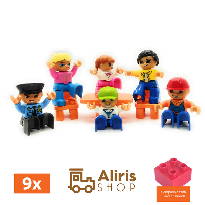 Aliris 6 People Figures - 2 Chairs and 1 Table - Family Set - Police - Worker - Compatible with Duplo Building Blocks - Aliris Shop